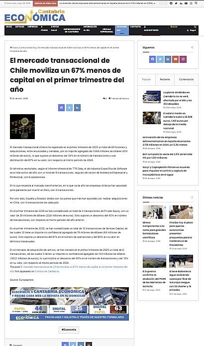 El mercado transaccional de Chile moviliza un 67% menos de capital en el primer trimestre del ao